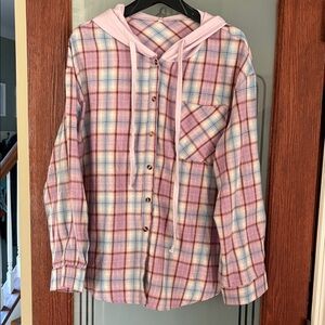 Amazon Pink Multi Plaid Button-Down Hoodie Shirt